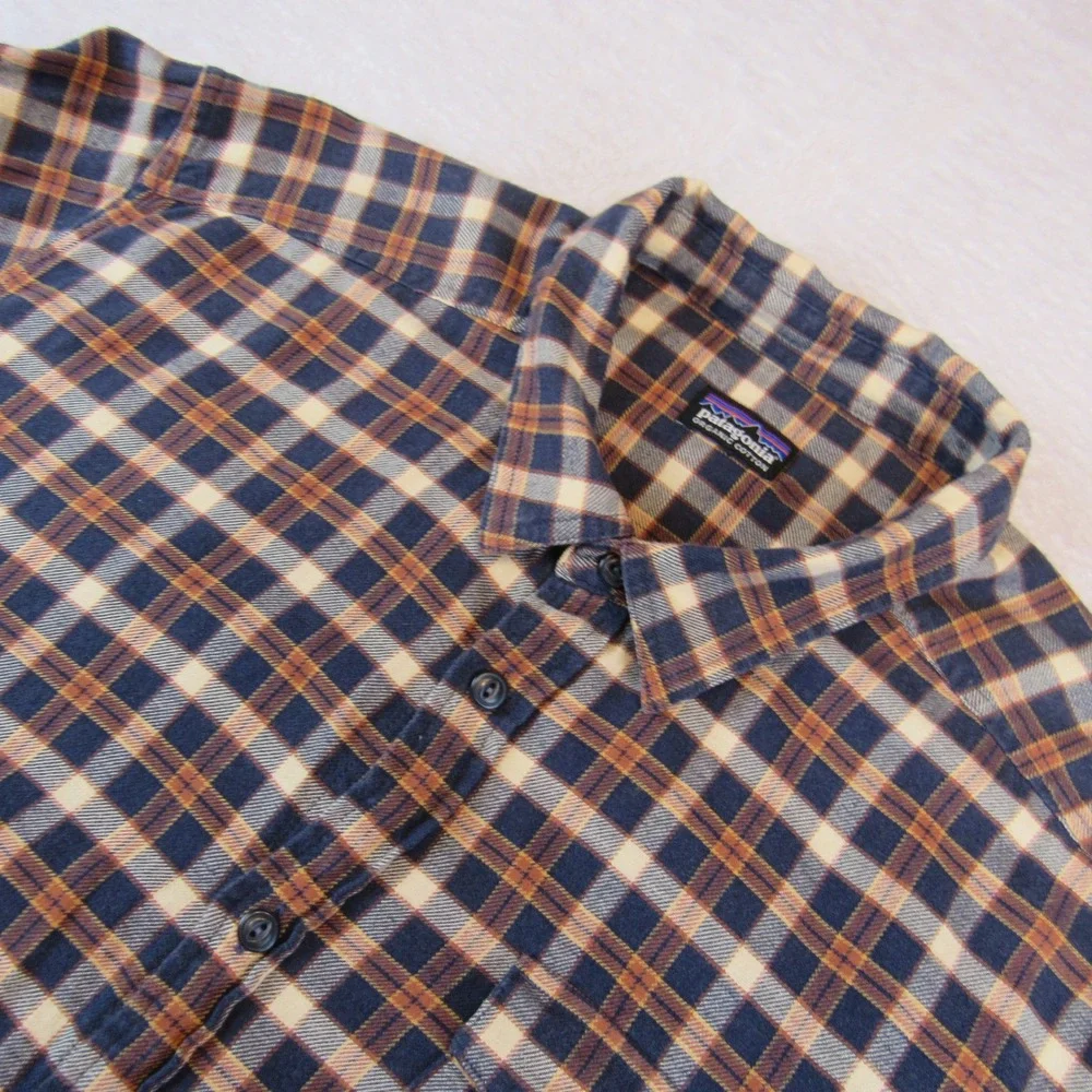 Patagonia Flannel Shirt Mens XL Blue Orange Plaid Excellent Organic Cotton L/S